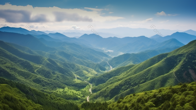 蓝天白云下的绿色绵延不断的山脉踏青出行,高清,摄影图,摄影图片,图片大全,摄影图免费下载